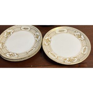 6 Vintage Nortiake Hand Painted Raised Gold Floral Scrollwork Dessert Plates